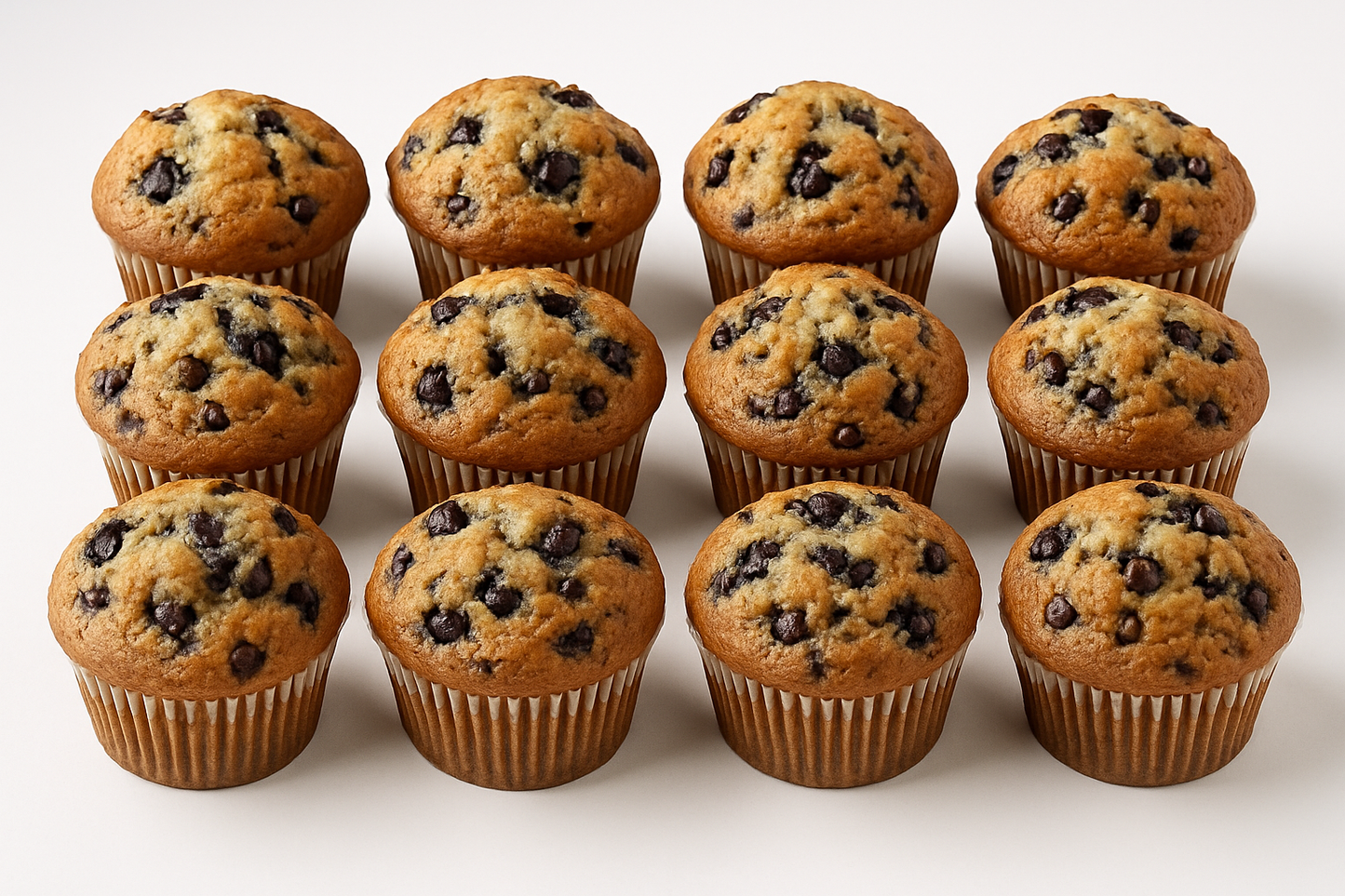 high top blueberry chocolate chip muffins on white background 12 pack