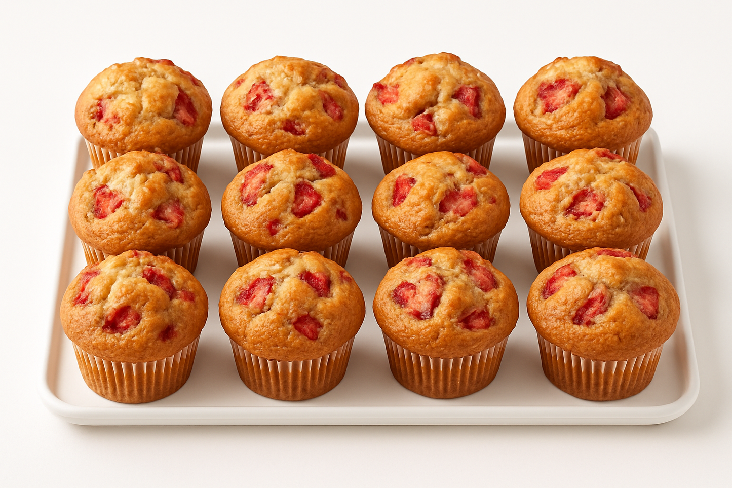 strawberry high top muffins 12 pack on a white tray and white background
