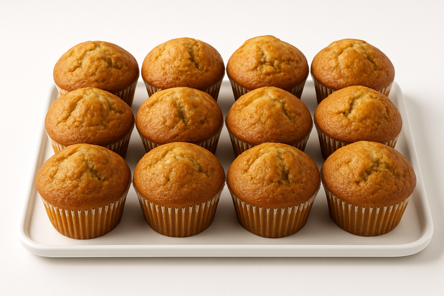 12 pack banana high top muffins white background on white tray
