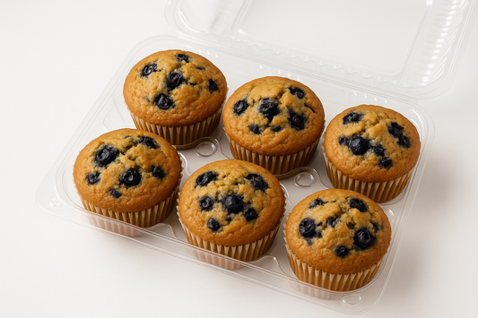 6 pack vegan blueberry muffins in a plastic container