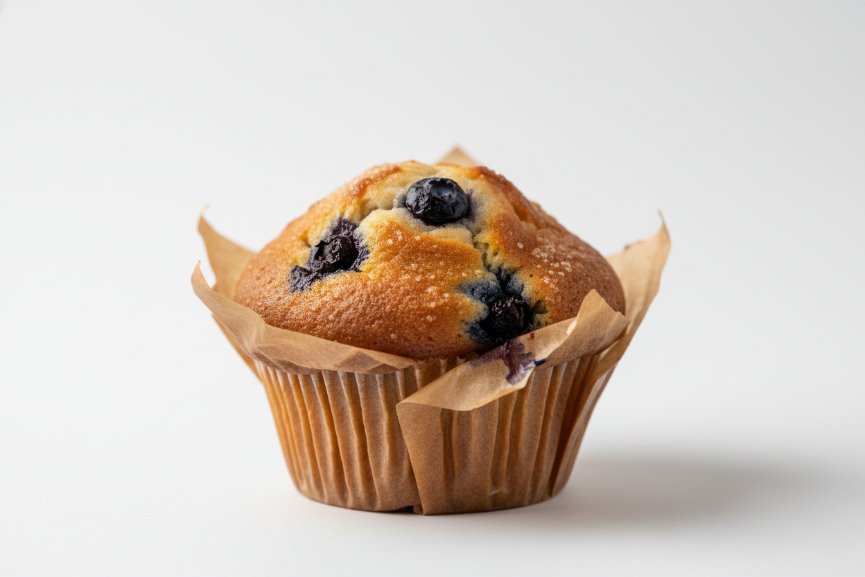 blueberry muffin in parchment paper white background