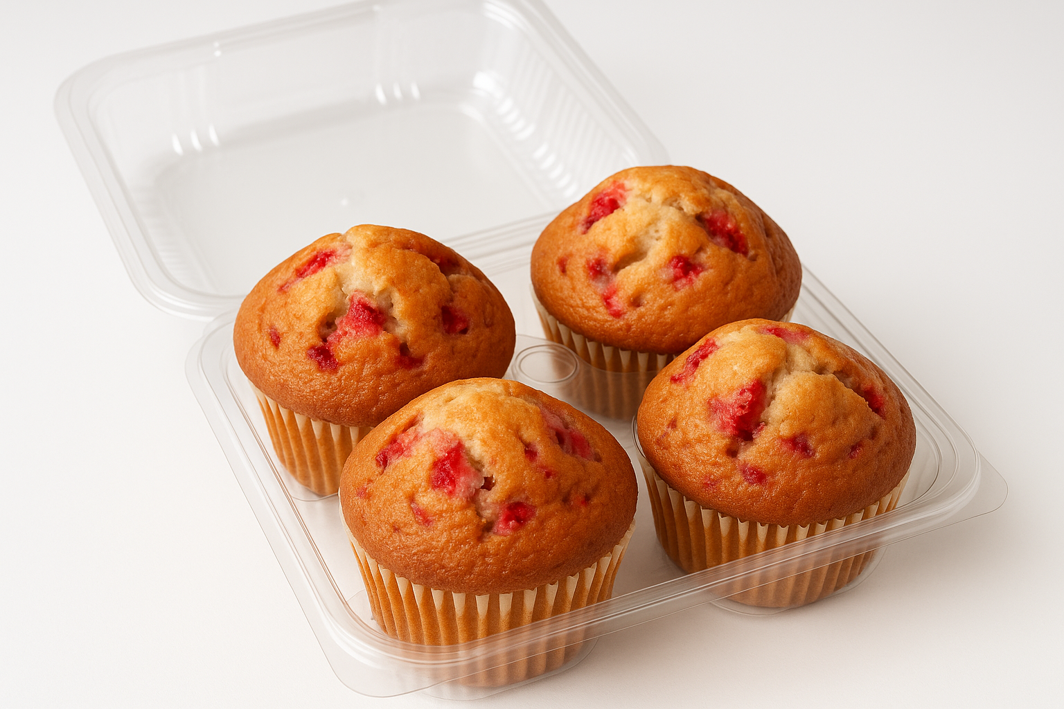 strawberry high top muffin 4 pack in a an open plastic container